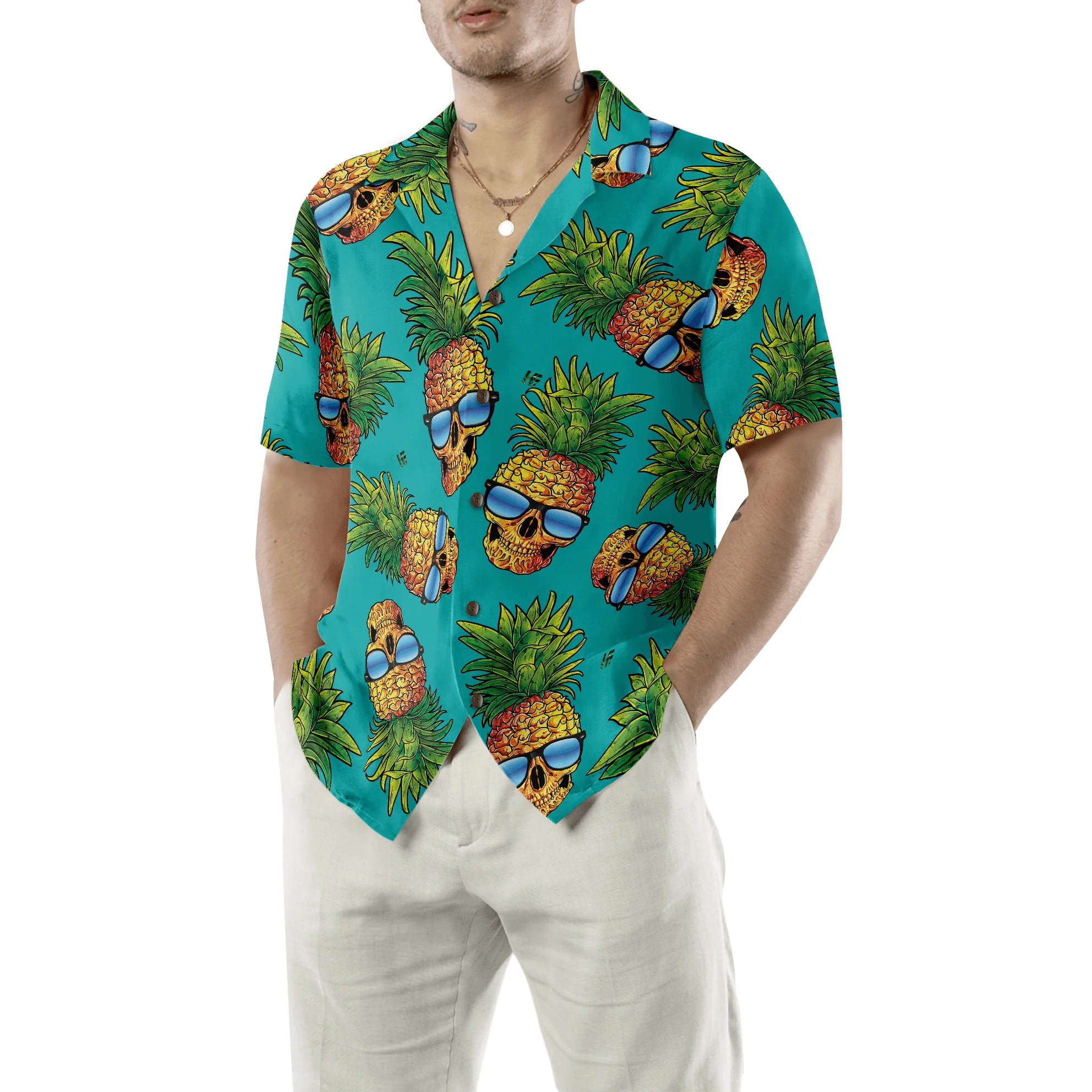 Skull Hawaiian Shirt, Pineapple Skull & The Tropical Leaves Hawaiian Shirt, Colorful Summer Aloha Shirt For Men Women, Gift For Friend, Family - Image 3