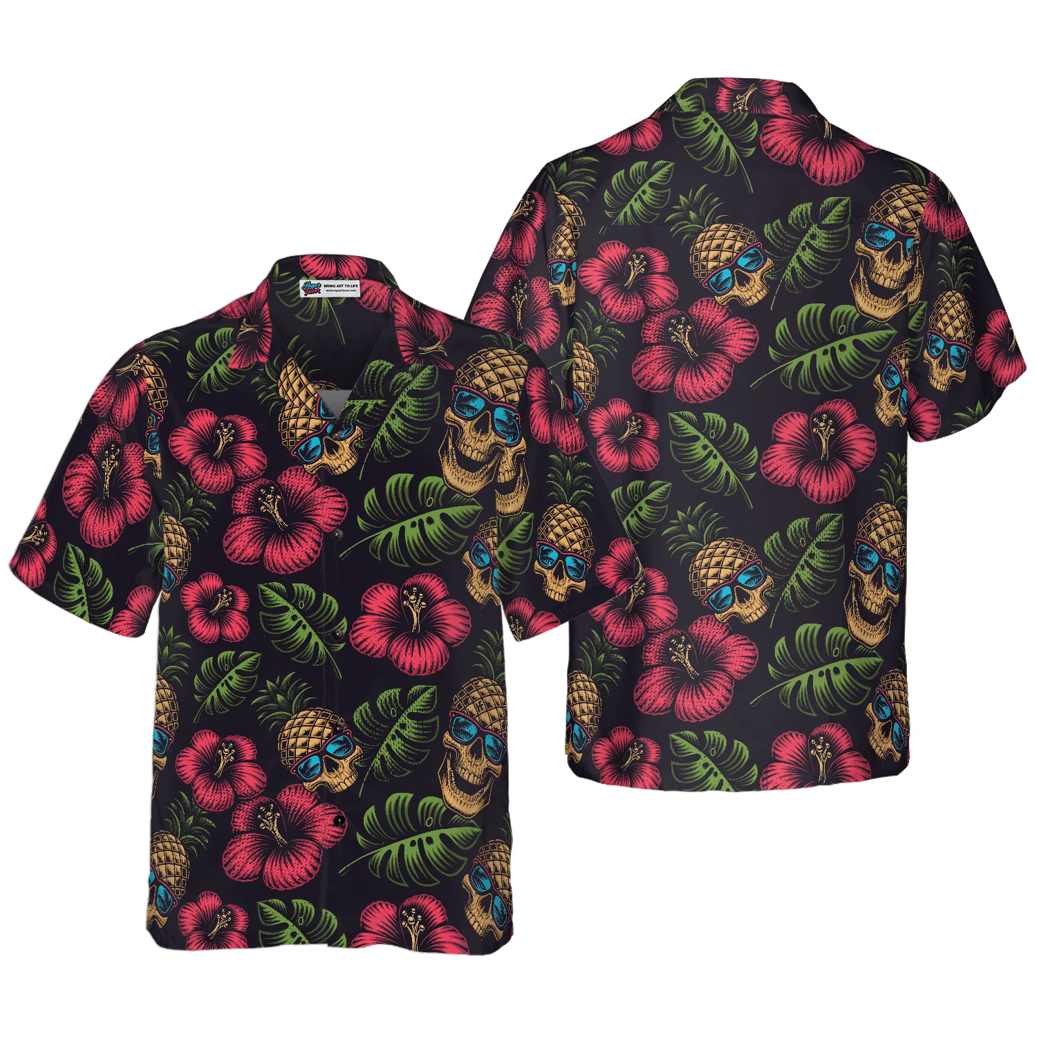 Skull Hawaiian Shirt, Pineapple Skull Tropical Flowers Black Hawaiian Shirt For Men Women, Gift For Husband, Wife, Friend, Family