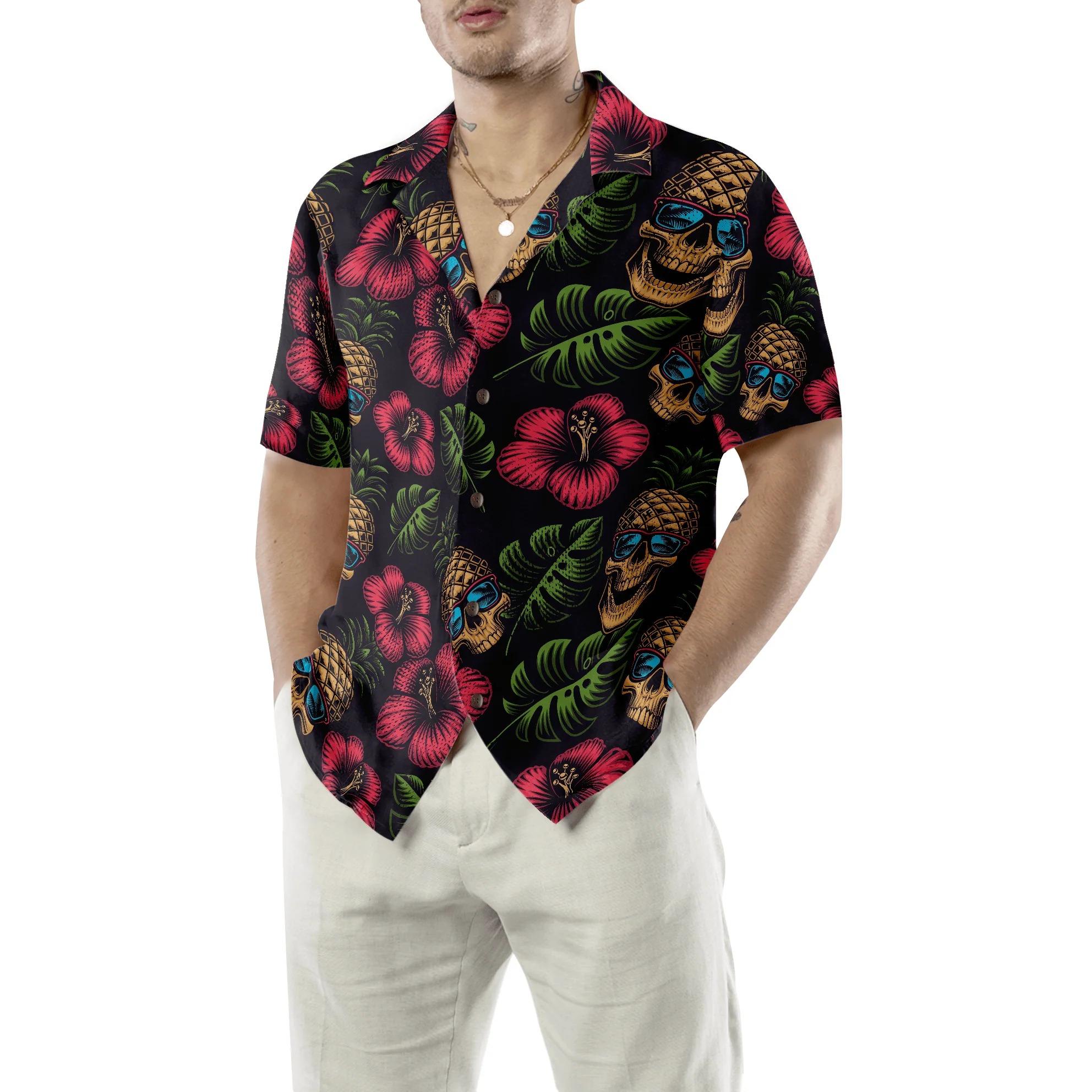 Skull Hawaiian Shirt, Pineapple Skull Tropical Flowers Black Hawaiian Shirt For Men Women, Gift For Husband, Wife, Friend, Family - Image 5
