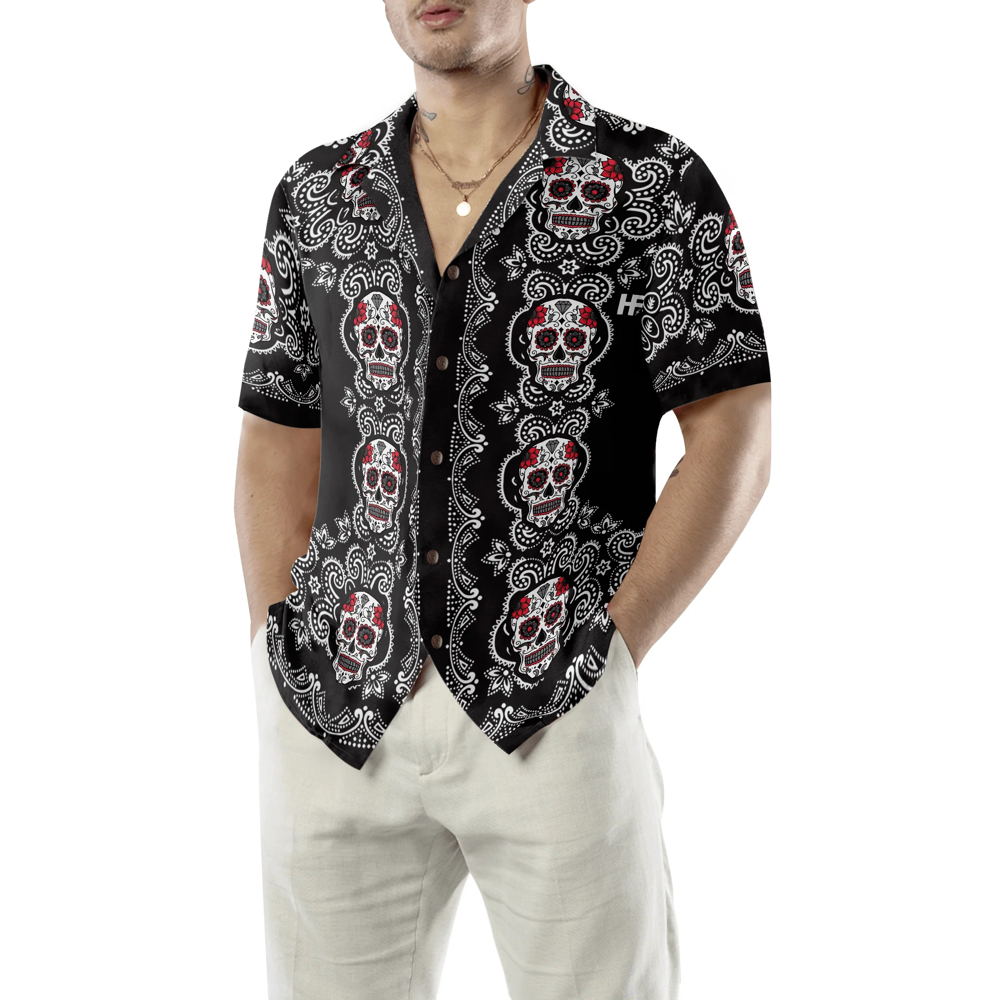 Skull Hawaiian Shirt - Sugar Skull Calavera Pattern Hawaiian Shirt, Colorful Summer Aloha Shirt For Men Women, Gift For Friend, Family, Husband, Wife - Image 5