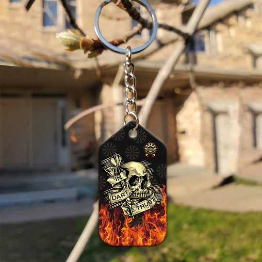 Skull In Fire In Dart We Trust Darts Acrylic Keychain For Darts Players - Christmas Gift For Darts Lovers, Darts Team, Family, Friends - Image 4