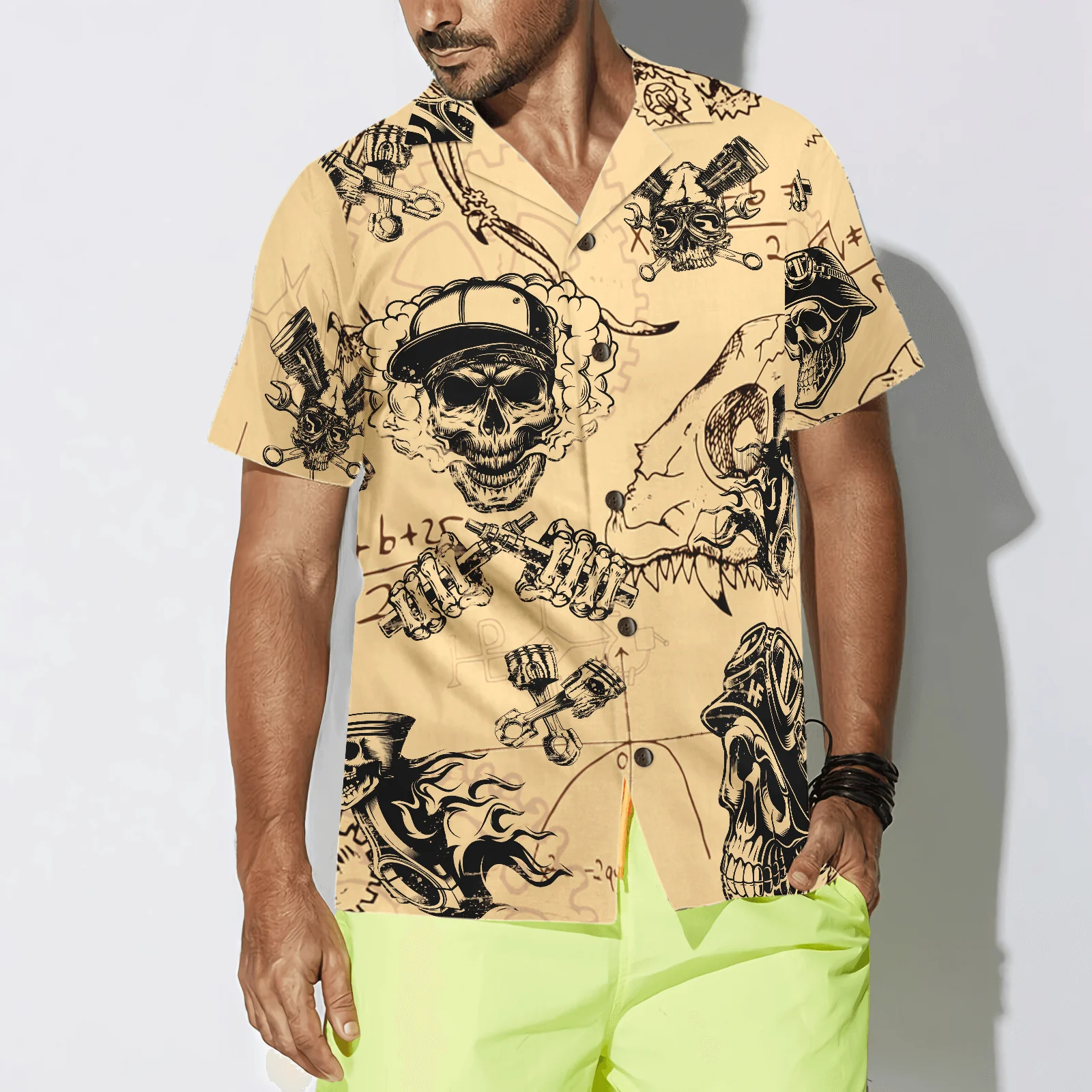 Skull On Retro Mechanism Background Aloha Hawaiian Shirt For Summer, Colorful Shirt For Men Women, Perfect Gift For Friend, Team, Family - Image 3