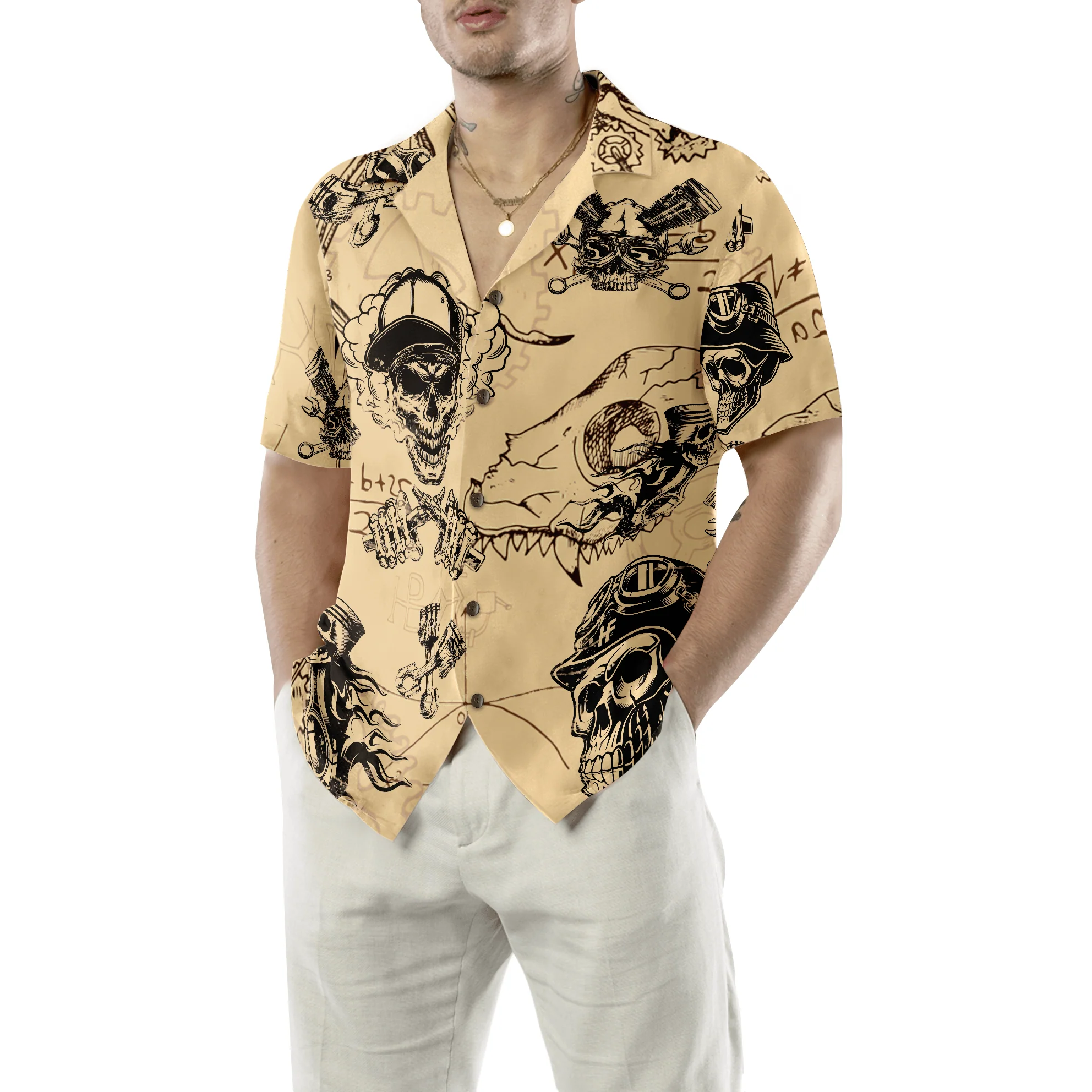 Skull On Retro Mechanism Background Aloha Hawaiian Shirt For Summer, Colorful Shirt For Men Women, Perfect Gift For Friend, Team, Family - Image 5
