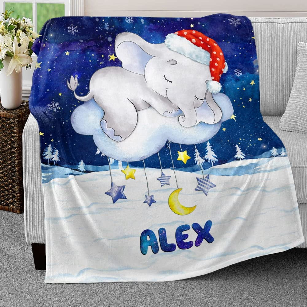 Sleeping Elephant Xmas Baby Kids Blanket With Custom Name For Baby Girl Nursery, Daughter, Granddaughter - Image 3