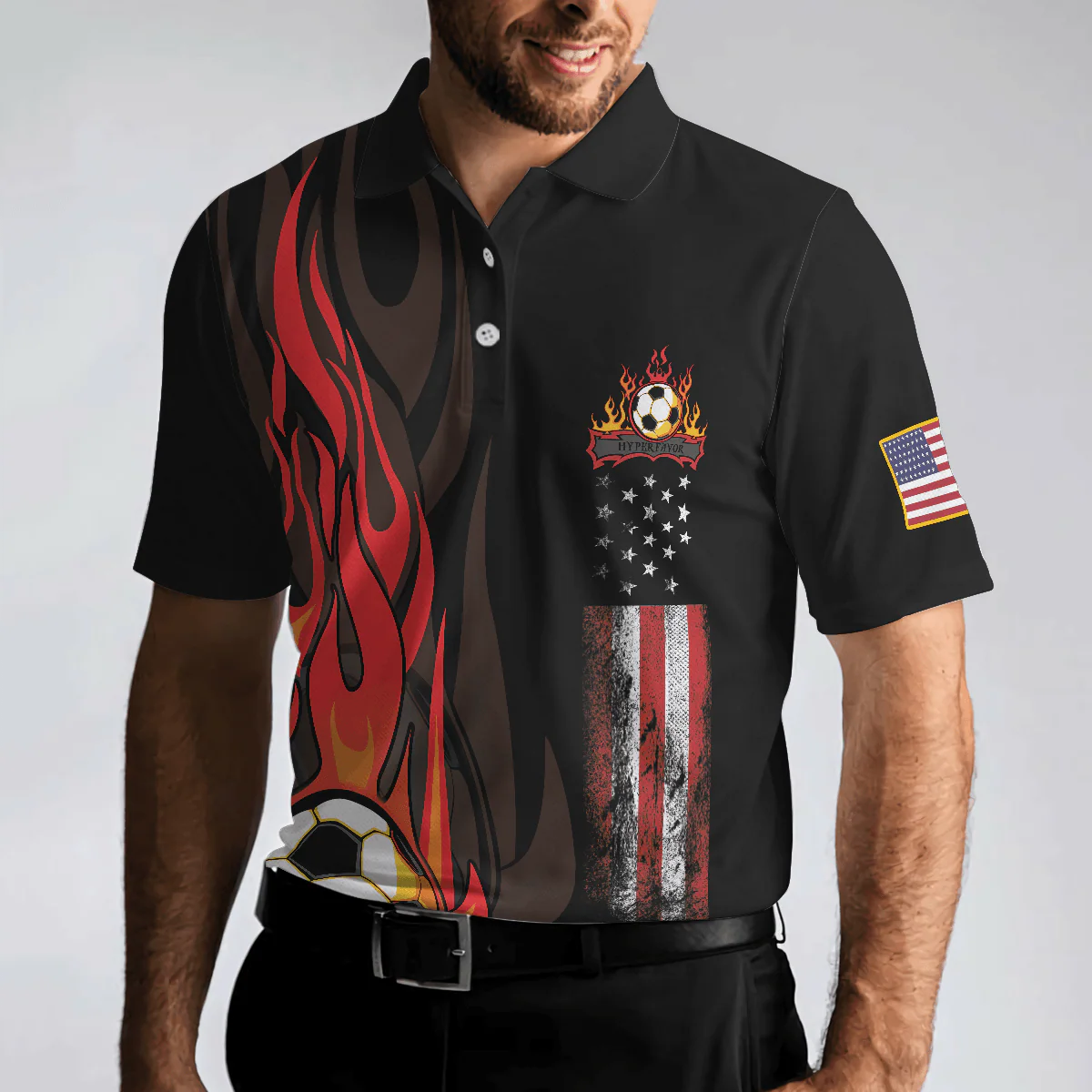 Soccer Flame Men Black Polo Shirt, Black American Flag Polo Shirt, Best Soccer Shirt For Men - Perfect Gift For Men, Soccer Lovers - Image 4
