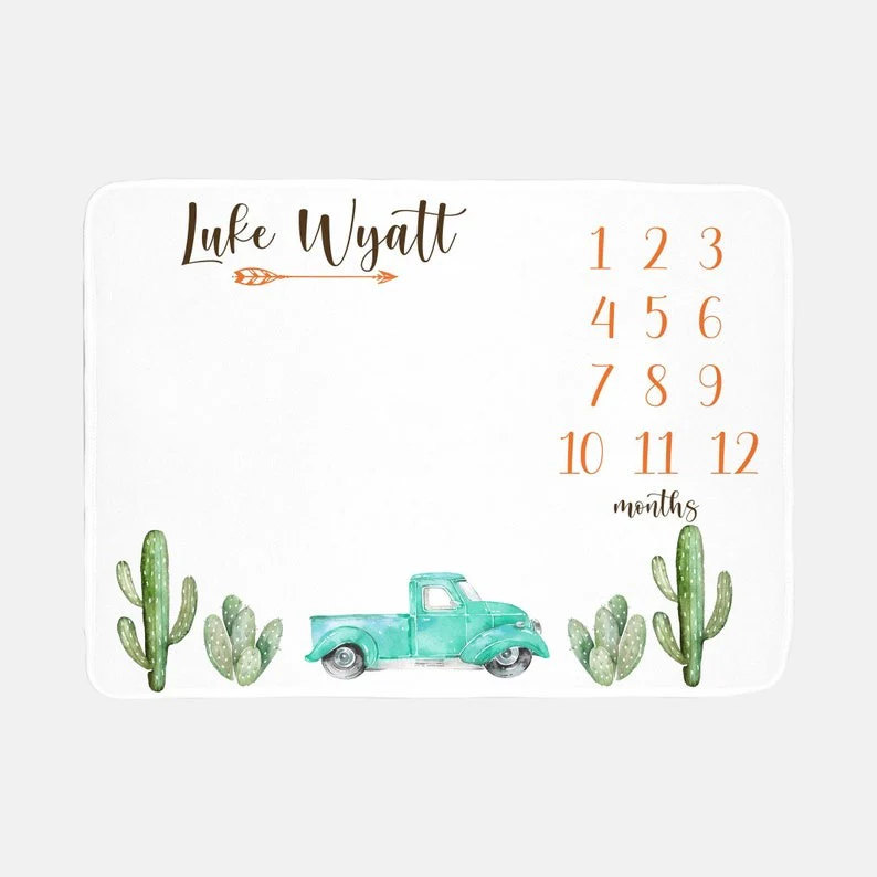 Southwest Desert Cactus Baby Milestone Blanket With Customized Name For Baby Boy Nursery, Son, Grandson, Month Gifts