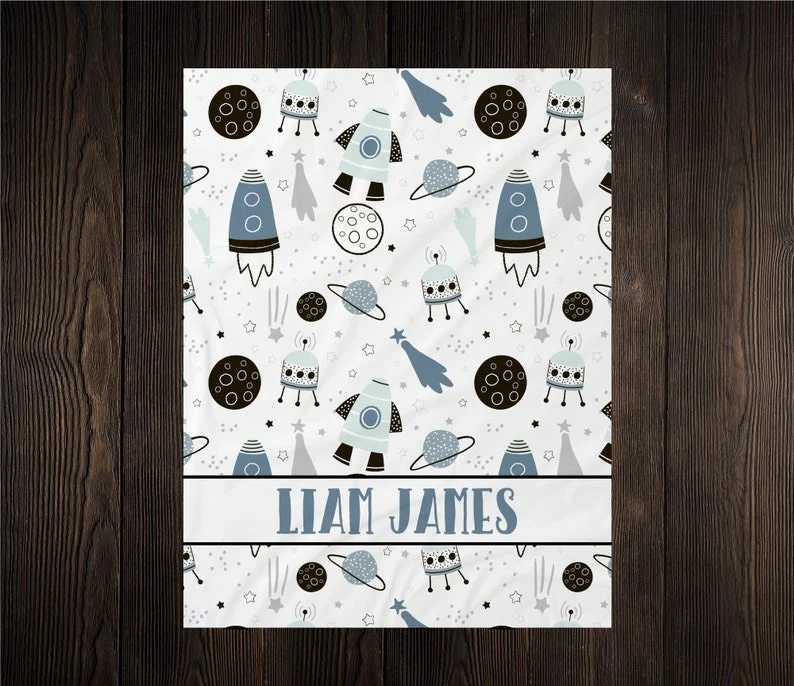 Space Swaddle Baby Kids Blanket With Customized Name For Baby Boy Nursery, Son, Grandson, Month Gifts