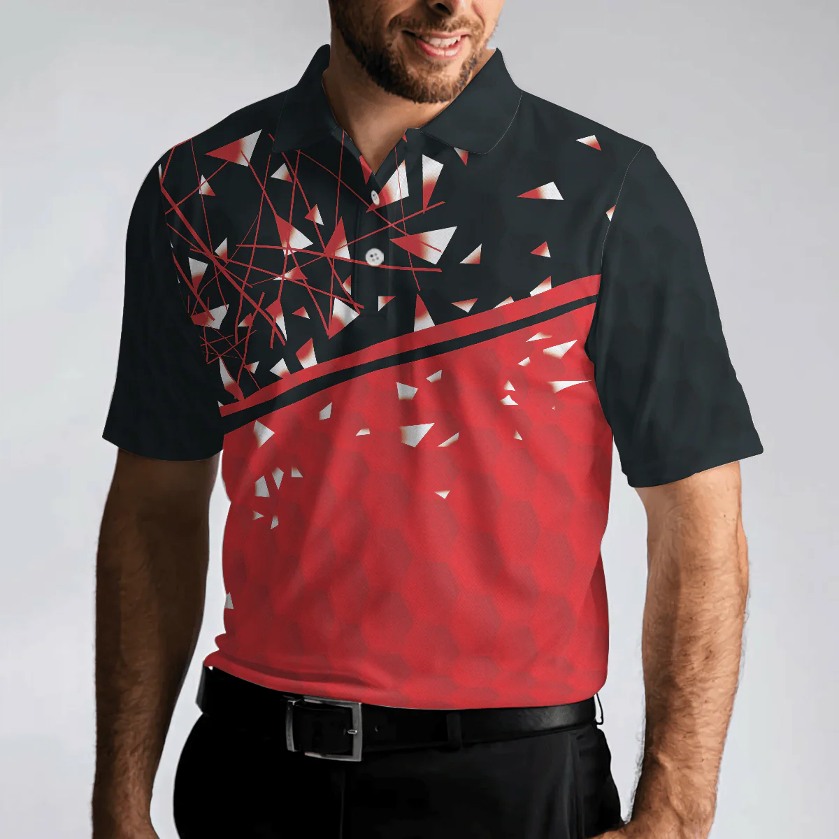 Sporty Golf Breaker Red And Black Golf Polo Shirt, Red And White Triangle Pattern Shirt Design, Best Golf Gift Idea - Image 5