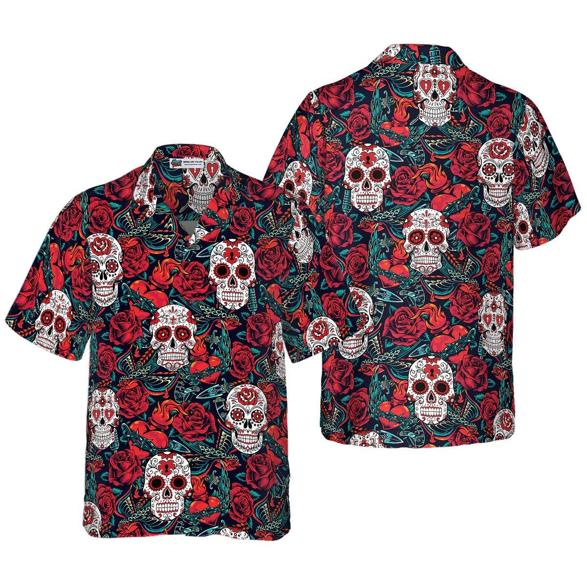Sugar Skulls And Roses Hawaiian Shirt, Skulls Hawaiian Shirt, Roses Pattern Aloha Shirt - Perfect Gift For Men, Women, Husband, Wife, Friend, Family
