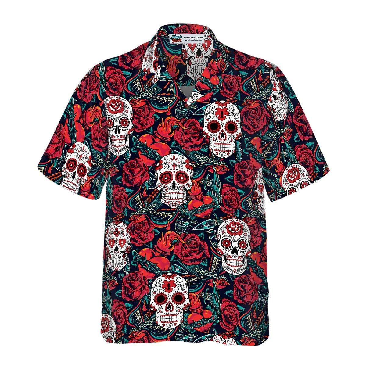 Sugar Skulls And Roses Hawaiian Shirt, Skulls Hawaiian Shirt, Roses Pattern Aloha Shirt - Perfect Gift For Men, Women, Husband, Wife, Friend, Family - Image 2