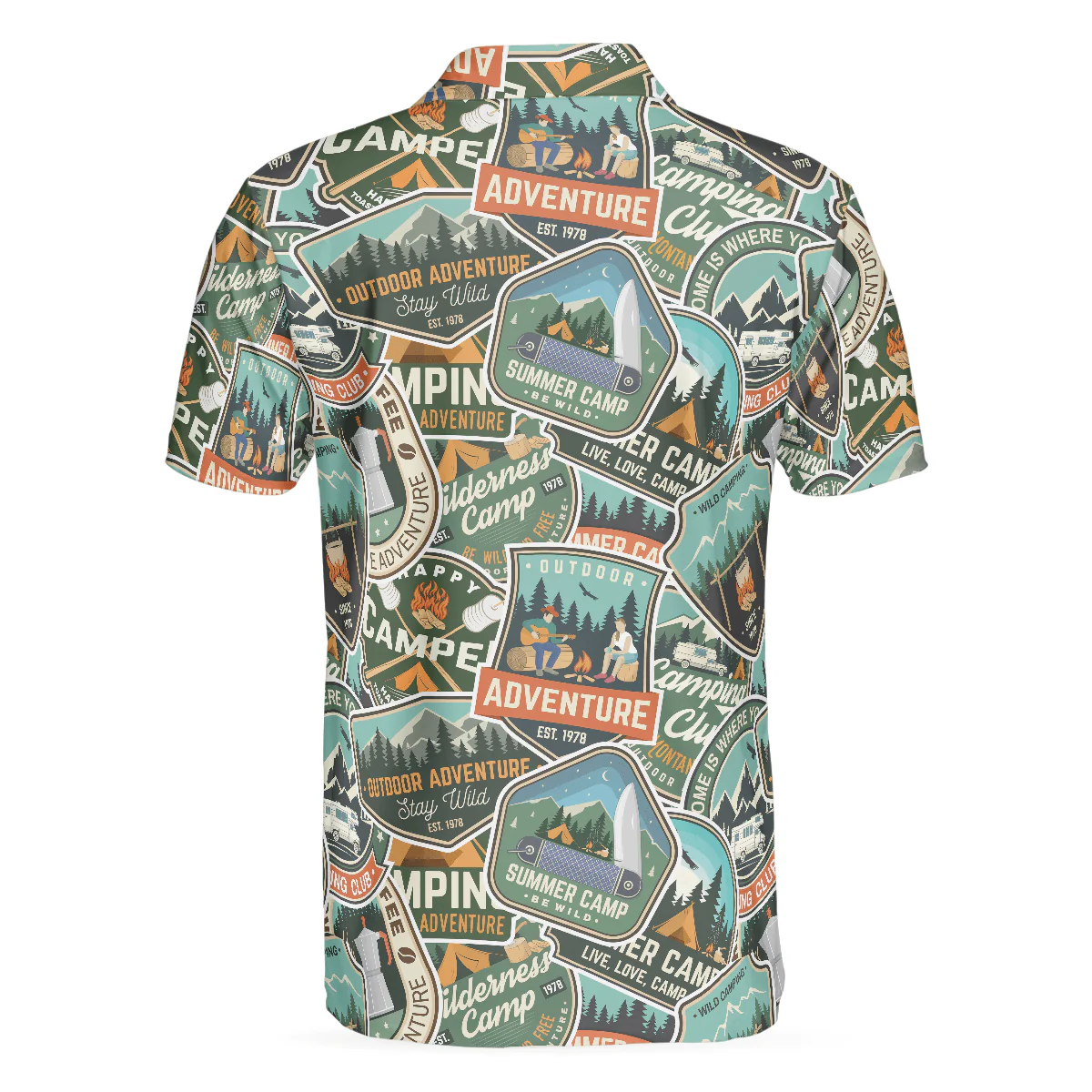 Summer Camp Adventure Sticker Pattern Polo Shirt, Camping Sticker And Badge Polo Shirt, Camping Shirt For Men - Perfect Gift For Men - Image 2