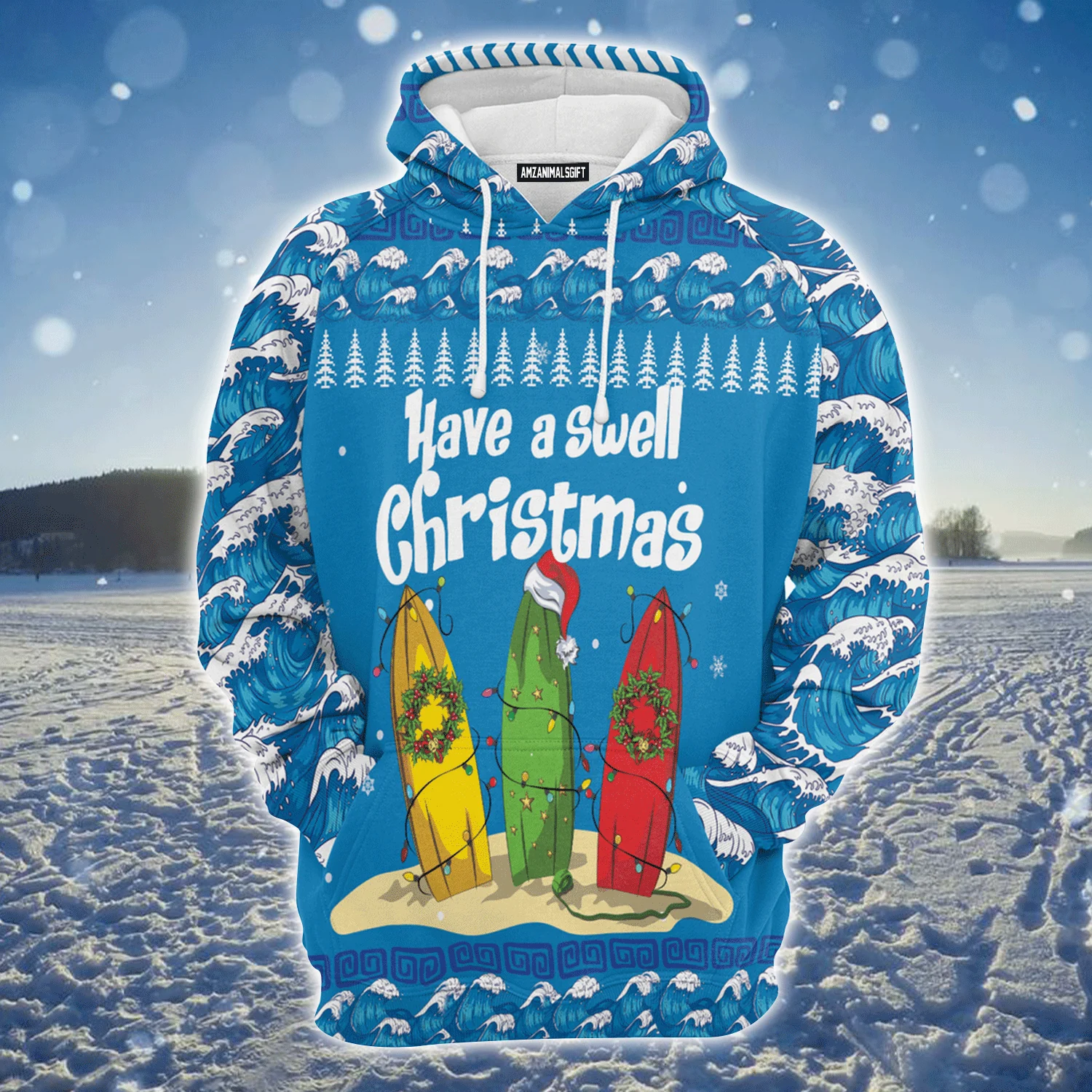 Surfer Swell Premium Christmas Hoodie, Have A Swell Christmas Unisex Hoodie For Men & Women - Perfect Gift For Christmas, Surfer Swell - Image 2