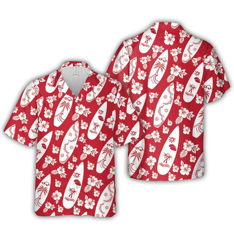 Surfing Hibiscus Flowers Aloha Hawaiian Shirts For Summer, Red Tropical Hawaiian Set Vacation Outfit For Men Women, Gift For Friend, Family - Image 4