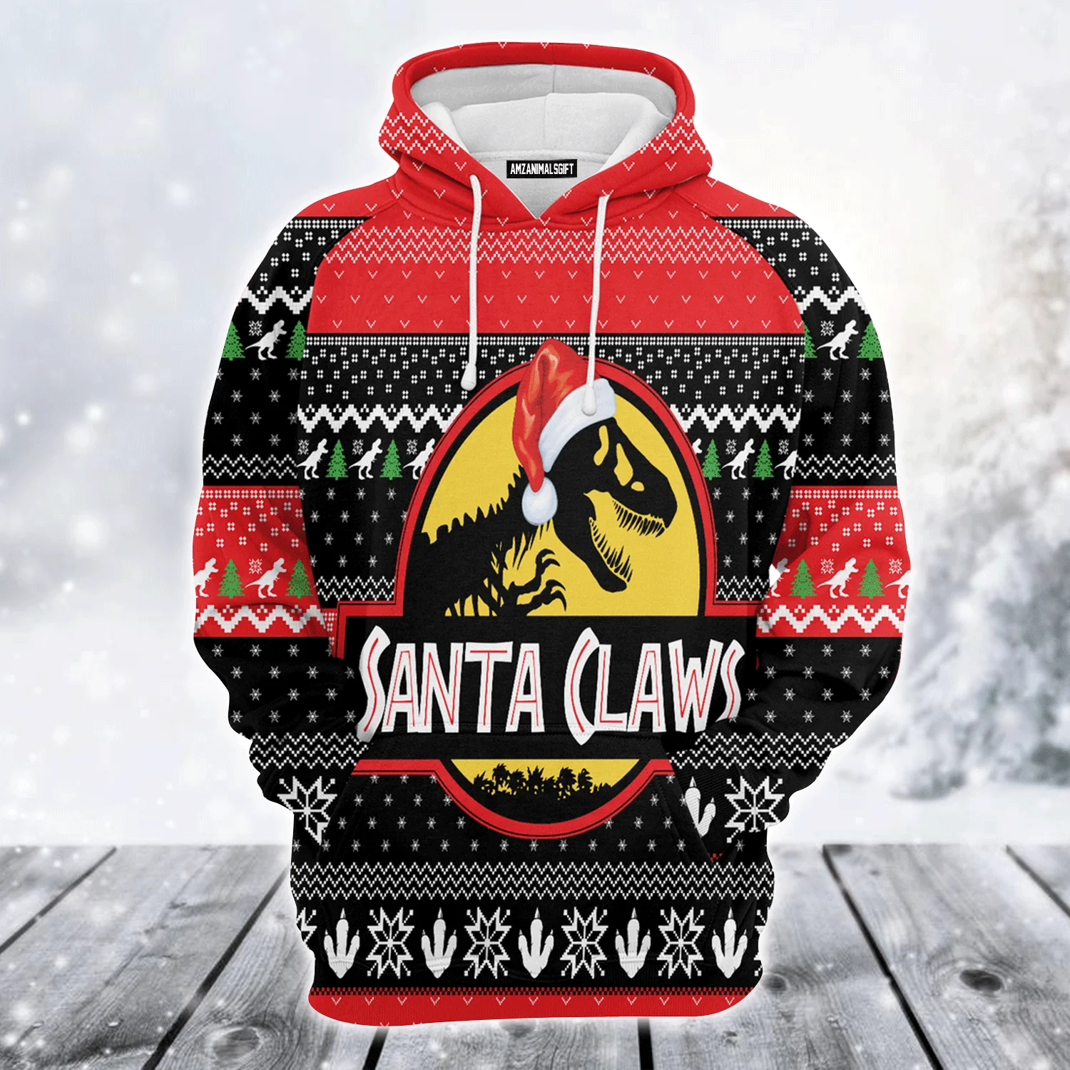 T-Rex Premium Christmas Hoodie, T-Rex Santa Claws Christmas Unisex Hoodie For Men & Women - Perfect Gift For Christmas, T-Rex Lover,Friends, Family - Image 2