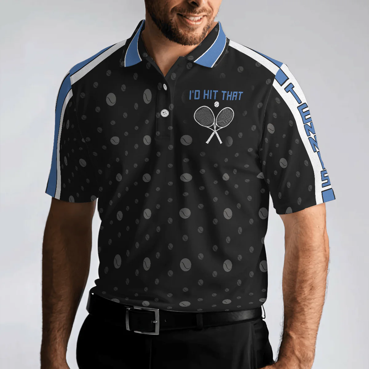 Tennis Blue Version Polo Shirt, Black Dot And Tennis Ball Pattern Polo Shirt, Best Tennis Shirt For Men - Perfect Gift For Men, Tennis Lovers - Image 5