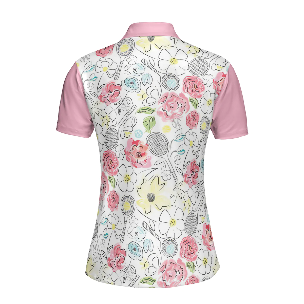 Tennis Women Polo Shirt - Lovely Pink Floral Tennis Racket Pattern Women Polo Shirts - Best Gift For Ladies, Female, Girls, Tennis Lovers - Image 3