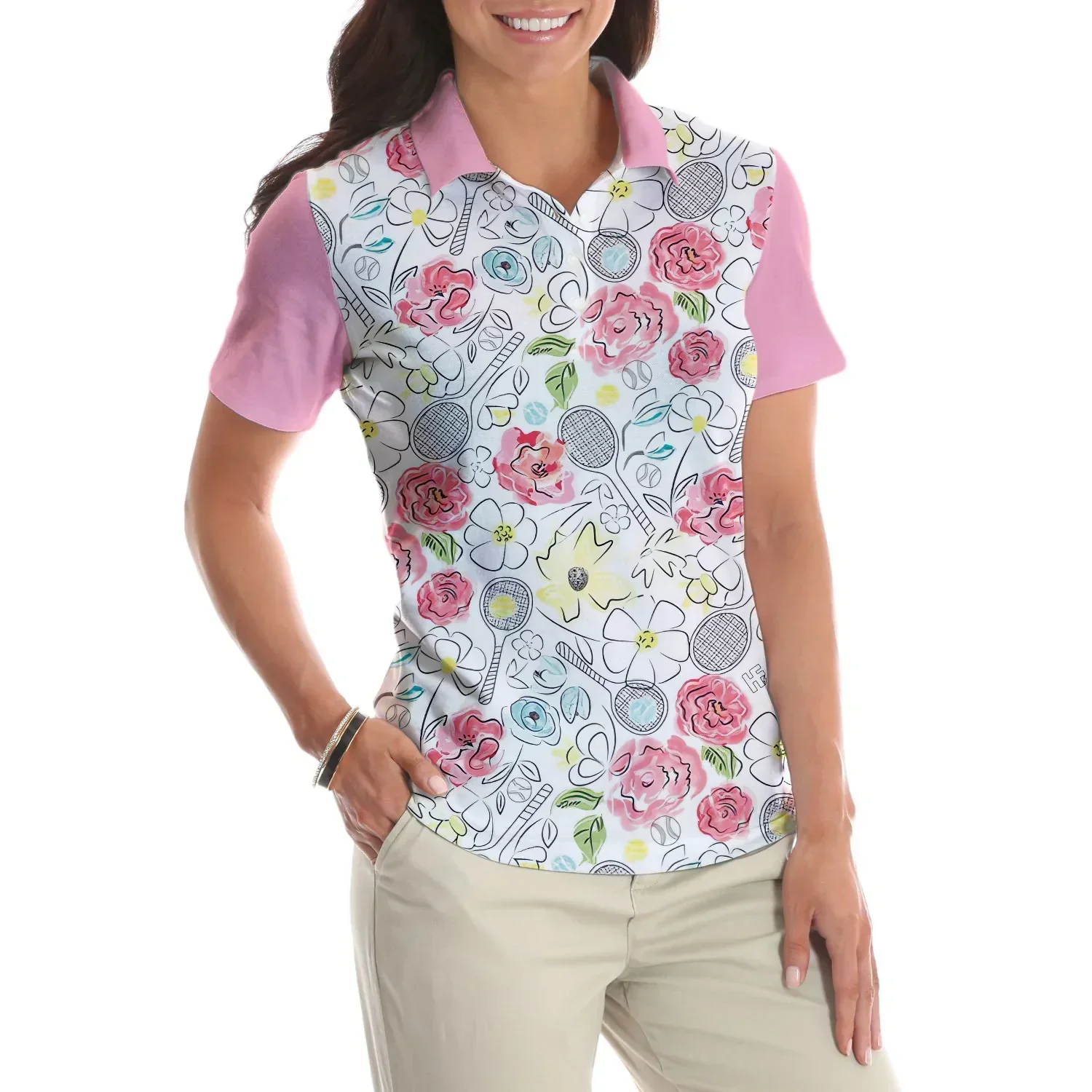 Tennis Women Polo Shirt - Lovely Pink Floral Tennis Racket Pattern Women Polo Shirts - Best Gift For Ladies, Female, Girls, Tennis Lovers - Image 5