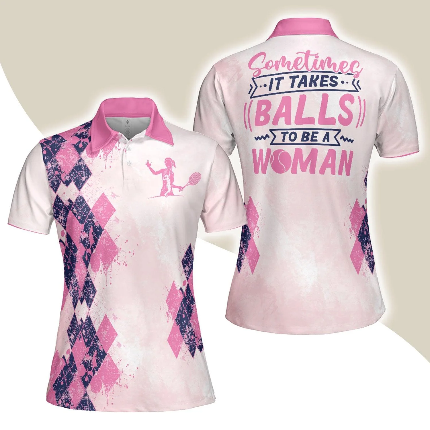 Tennis Women Polo Shirt, Sometimes It Takes Balls To Be A Women Polo Shirt, Pink Argyle Pattern Tennis Shirt - Perfect Gift For Women, Ladies, Tennis Lovers