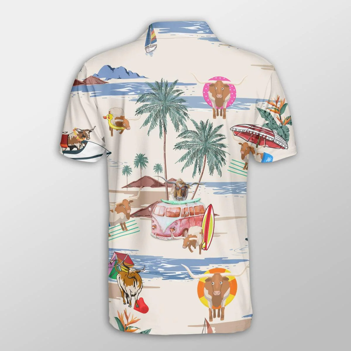 Texas Longhorn Men Polo Shirts - Texas Longhorn Summer Beach Pattern Button Shirts For Men - Perfect Gift For Texas Longhorn Lovers, Cattle Lovers - Image 3