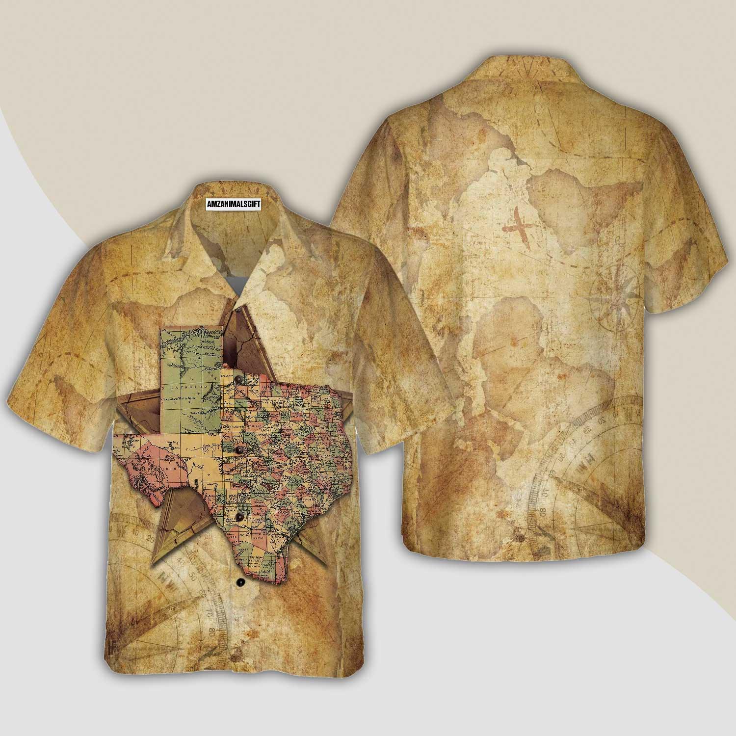 Texas State Map And Compass Pattern Hawaiian Shirt, Insignia State Of Texas, Colorful Summer Personalized Aloha Shirt For Men Women