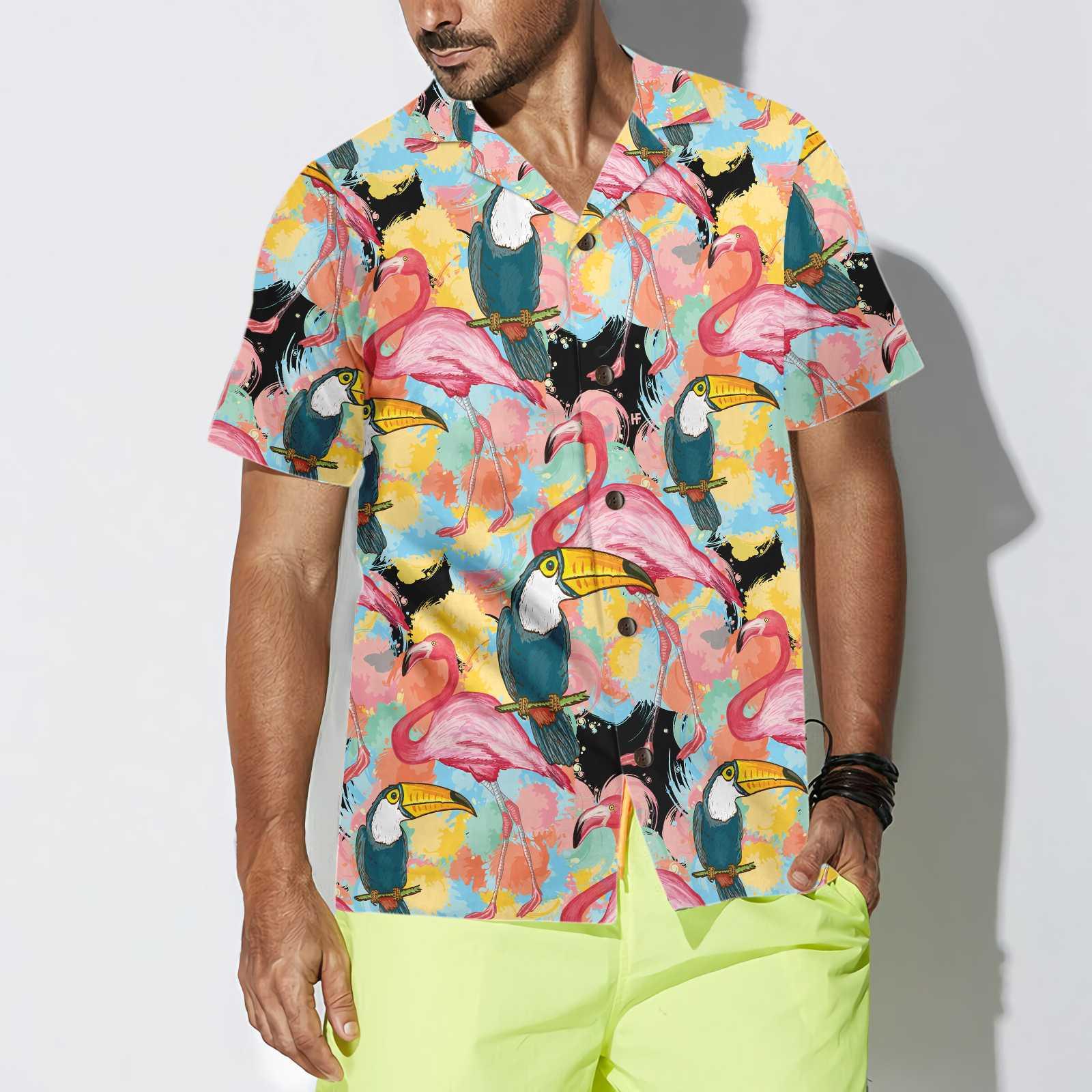 Toucans And Flamingos Exotic Floral Aloha Hawaiian Shirt For Summer, Cool Tropical Hawaiian Shirt For Men Women Adults, Best Gift For Friend, Family - Image 2