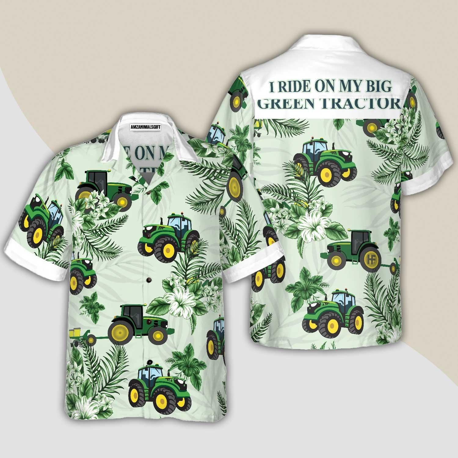 Tractor Hawaiian Shirt, Cool Green Tractor, White Tropical Floral Aloha Shirt For Men - Perfect Gift Men, Friend, Husband, Boyfriend, Family