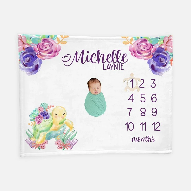 Turtle Ocean Life Baby Milestone Blanket With Customized Name For Baby Girl Nursery, Daughter, Granddaughter, Month Gifts