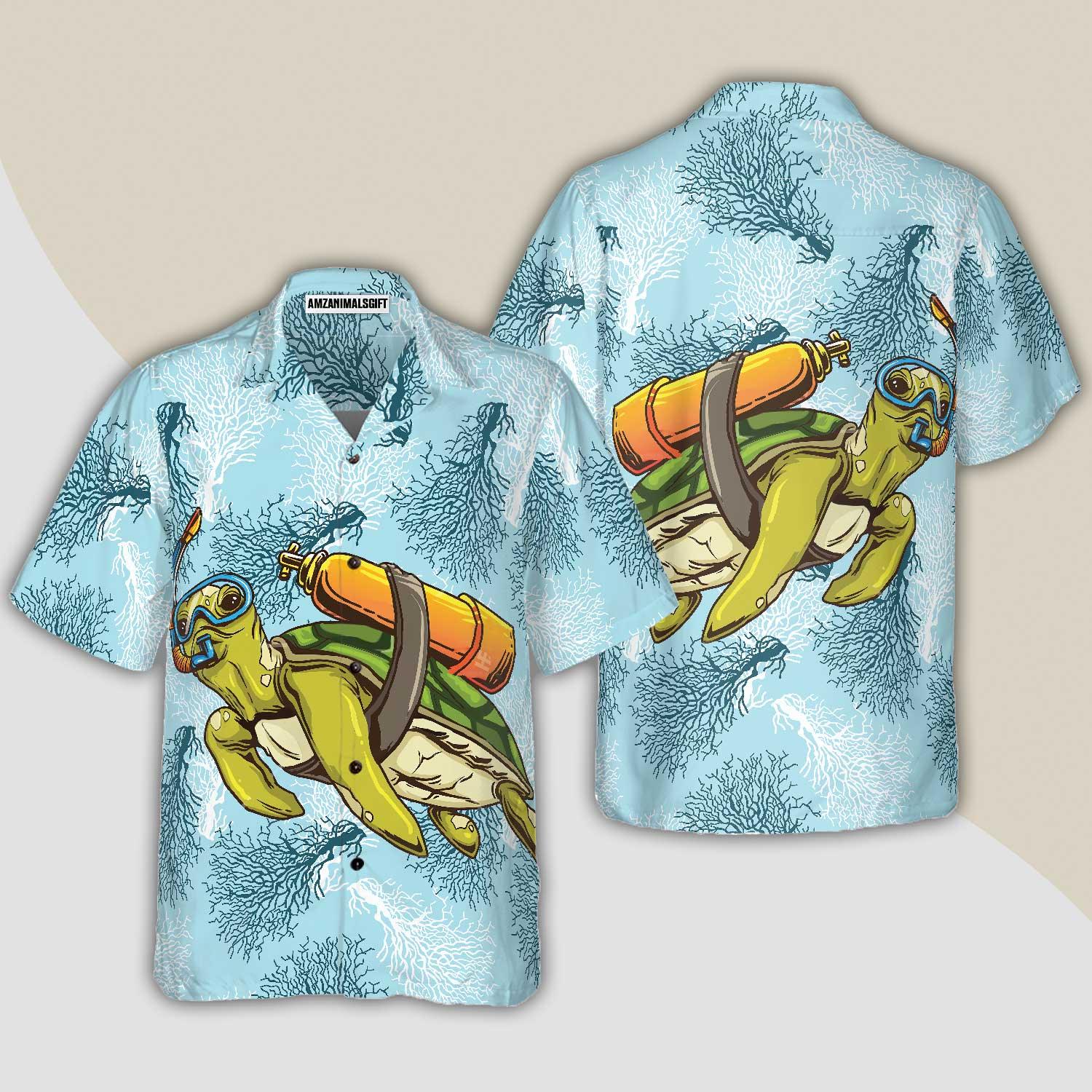 Turtle Scuba Diving Hawaiian Shirt, Colorful Summer Aloha Shirt For Men Women, Gift For Friend, Team, Family, Diving Lovers, Turtle Lovers