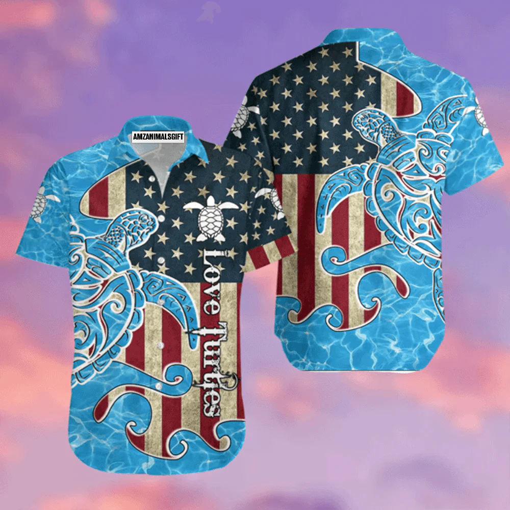 Turtles American Flag Love Turtle Aloha Hawaiian Shirts For Men Women, 4th Of July Gift For Summer, Friend, Family, Independence Day, Turtle Lovers - Image 3