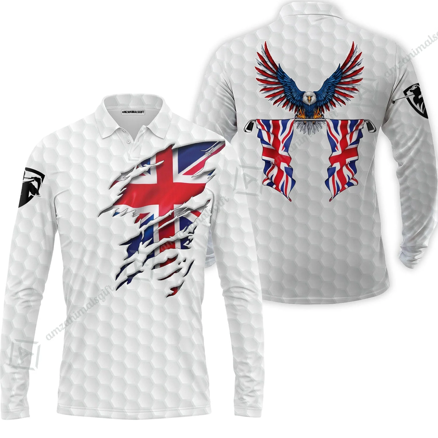 United Kingdom Eagle Flag Zip Polo Shirt, Golf Pattern Ripped Great Britain Jack Shirt, UK Golf Zip Polo Shirt - Image 3