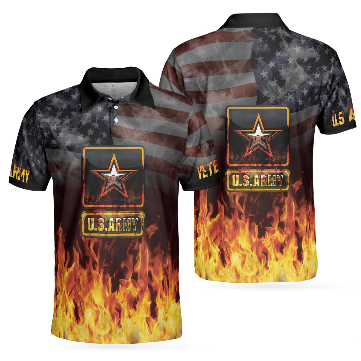 US Army Veteran And Flame Polo Shirt, American Flag Veteran Shirt For Retired Veterans, Flame Veteran Shirt - Perfect Gift For Men - Image 2