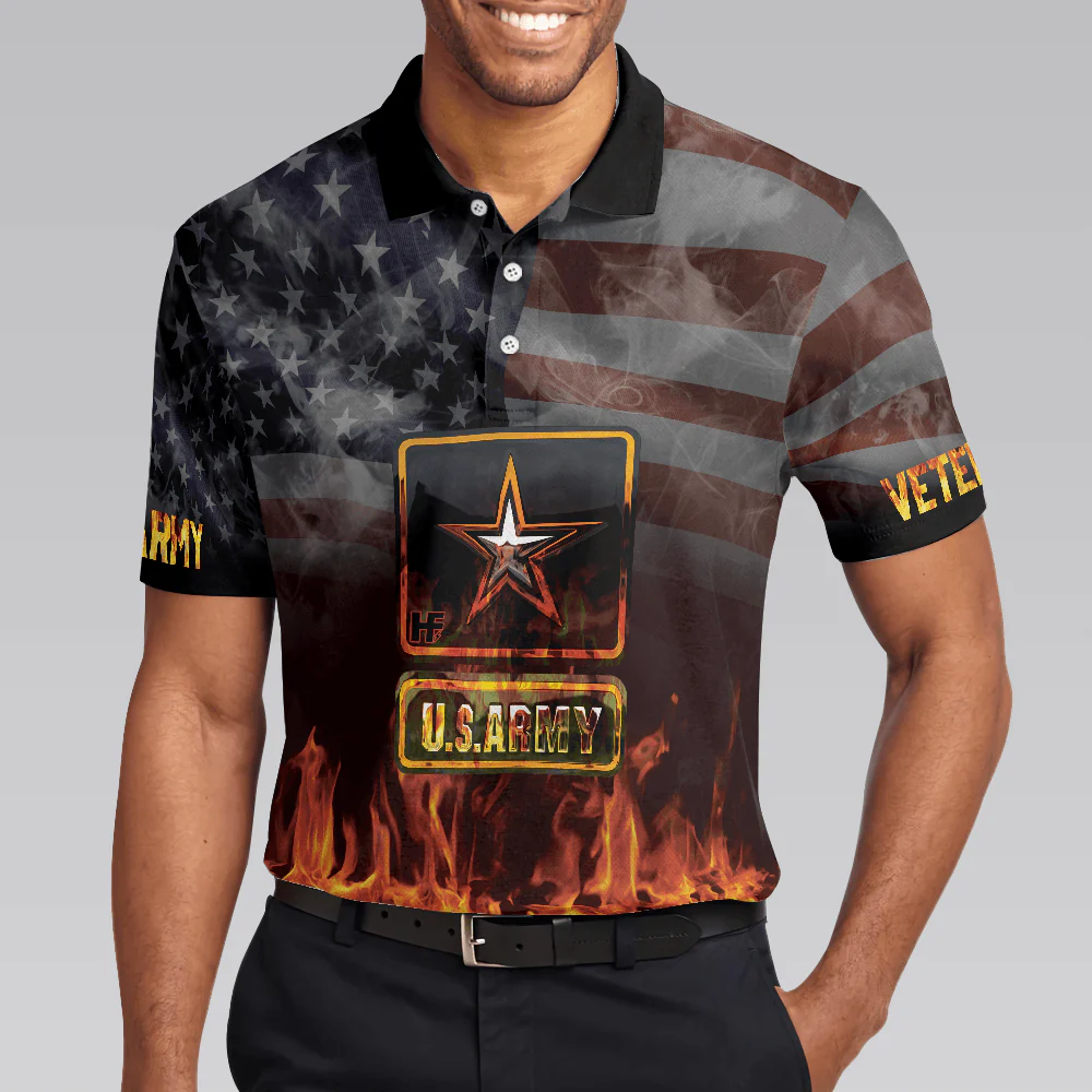 US Army Veteran And Flame Polo Shirt, American Flag Veteran Shirt For Retired Veterans, Flame Veteran Shirt - Perfect Gift For Men - Image 5