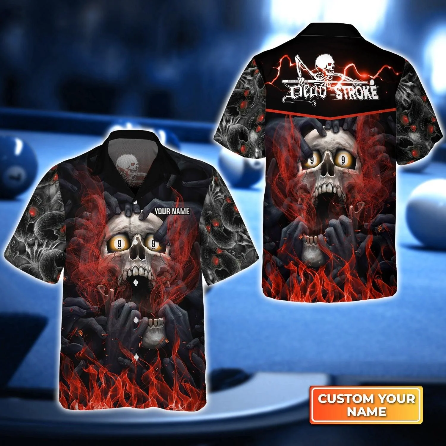 ustomized Billiards Aloha Hawaiian Shirts, 9 Ball Pool Billiards, Dead Stroke On Fire Personalized Name Hawaiian Shirt For Men Women, Billiard Lovers