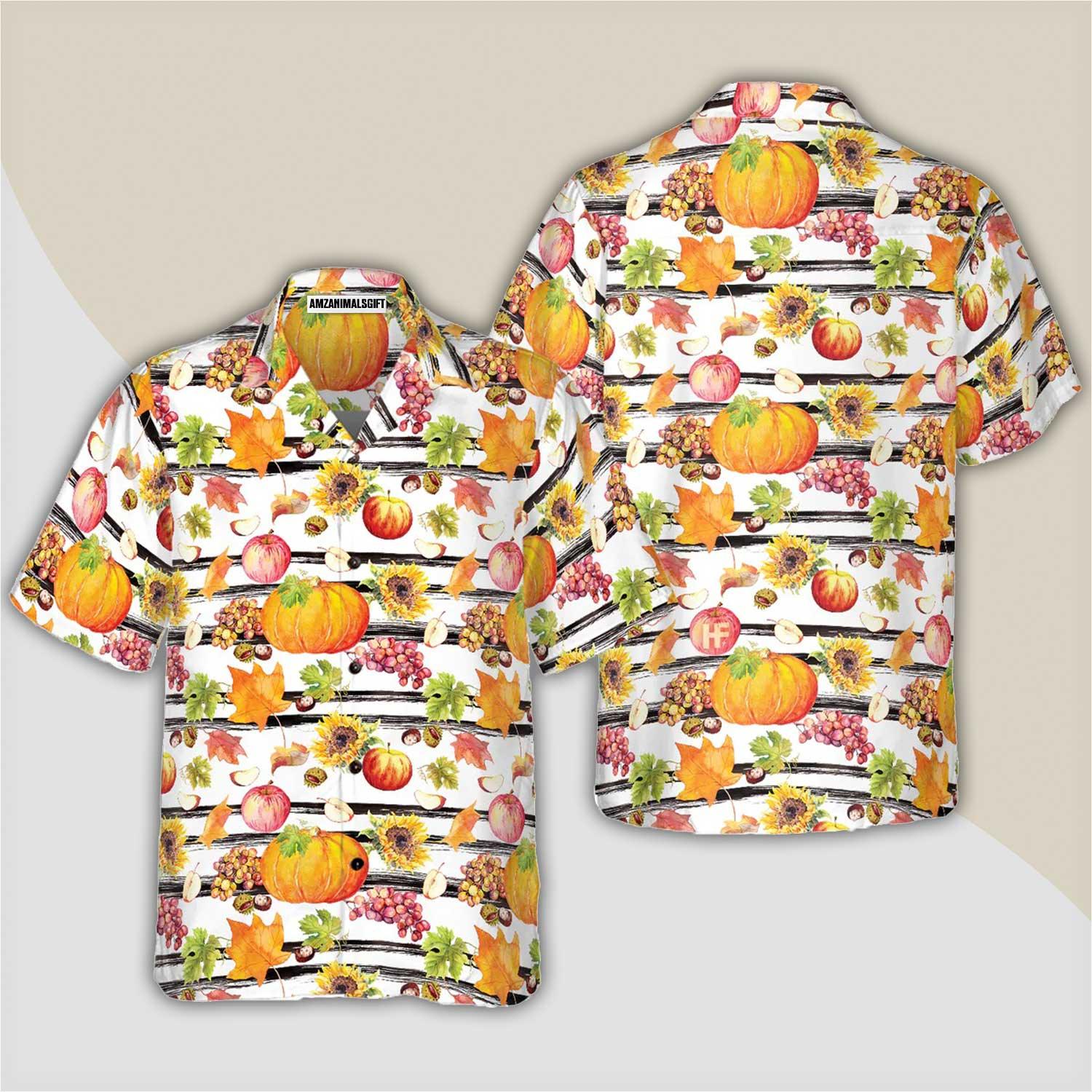 Vegetables Hawaiian Shirt - Watercolor Thanksgiving Vegetables With Black Stripes Hawaiian Shirt, Pumpkin Hawaiian Shirt - Gift For Lover, Friend, Family