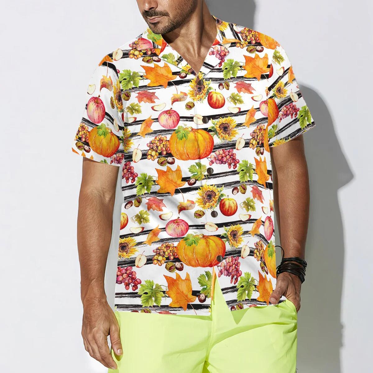 Vegetables Hawaiian Shirt - Watercolor Thanksgiving Vegetables With Black Stripes Hawaiian Shirt, Pumpkin Hawaiian Shirt - Gift For Lover, Friend, Family - Image 6
