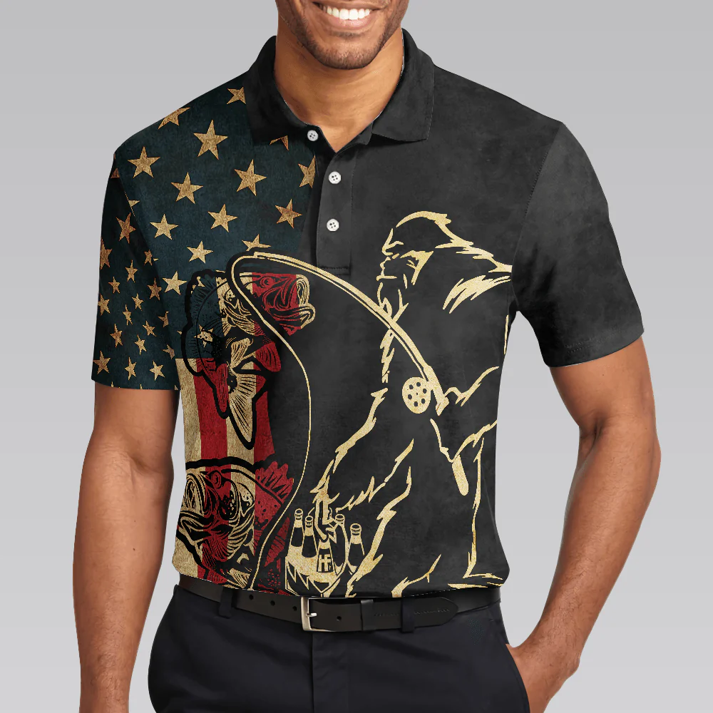 Vintage Bigfoot American Flag Fishing Men Polo Shirt, Fishing And Beer Make Me Happy Shirt For Men, Gift For Fishing Lovers - Image 4