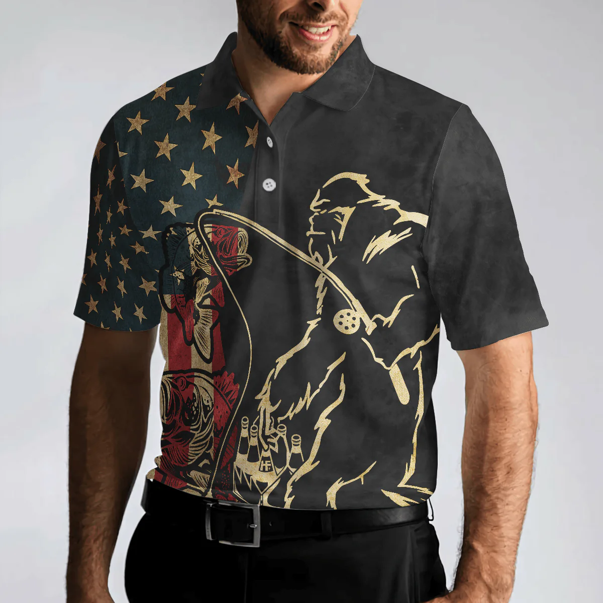 Vintage Bigfoot American Flag Fishing Men Polo Shirt, Fishing And Beer Make Me Happy Shirt For Men, Gift For Fishing Lovers - Image 5