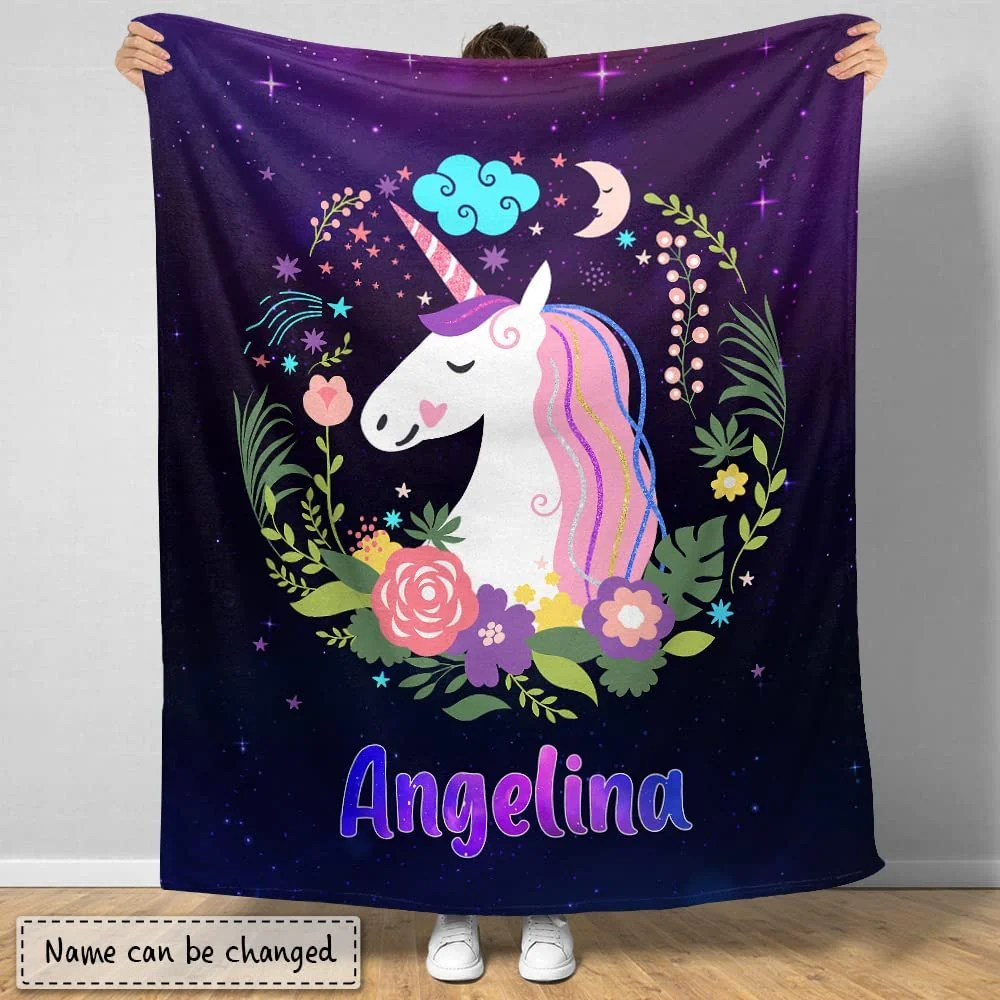 Violet Floral Unicorn Baby Kids Blanket With Custom Name For Baby Girl Nursery, Daughter, Granddaughter - Image 2