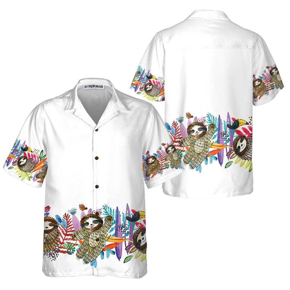 Watercolor Cute Sloth And Tropical Plant Aloha Hawaiian Shirt For Summer, Funny Sloth Themed Hawaiian Shirt For Men Women Adults, Gift For Friend - Image 2