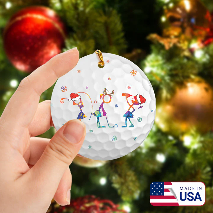 Watercolor Wine Santa Hat Women Stick Man Circle Ceramic Ornament, Women Plays Golf Stick Ornament - Best Gift For Christmas, New Year - Image 2