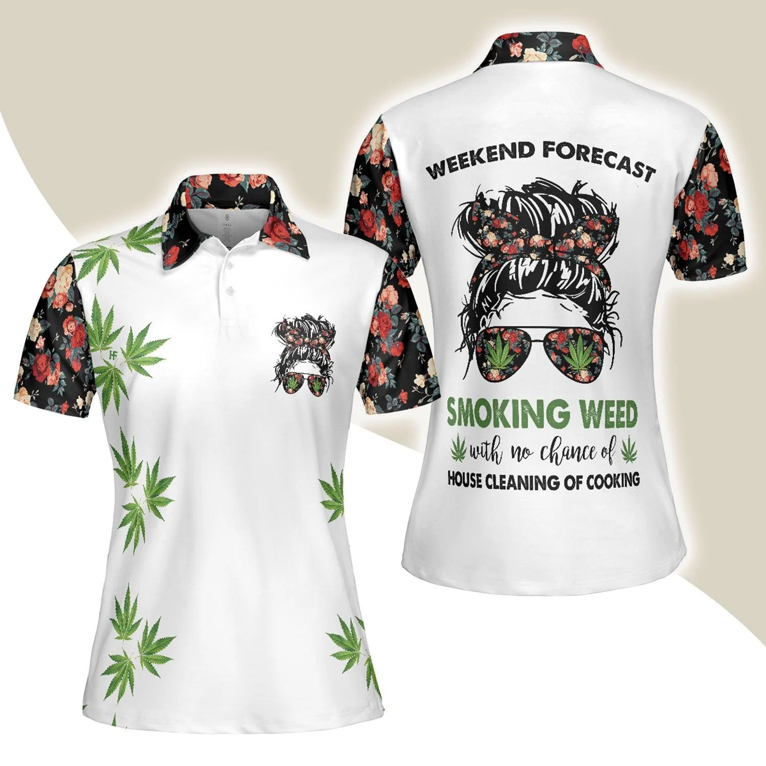 Weekend Forecast Smoking Weed Women Polo Shirt, Floral And Weed Leaf Graphics Women Polo Shirt - Perfect Gift For Female, Ladies, Girls