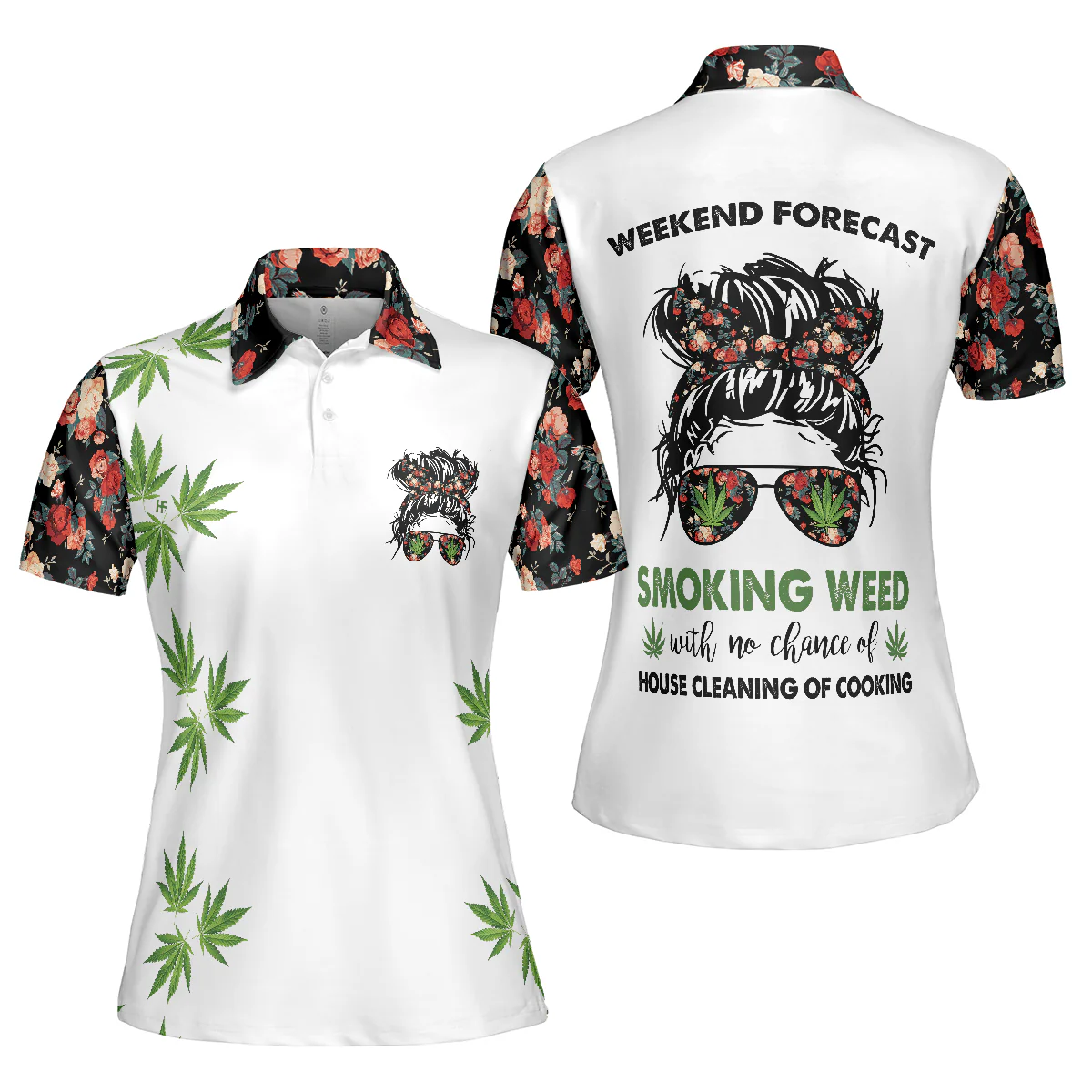 Weekend Forecast Smoking Weed Women Polo Shirt, Floral And Weed Leaf Graphics Women Polo Shirt - Perfect Gift For Female, Ladies, Girls - Image 2