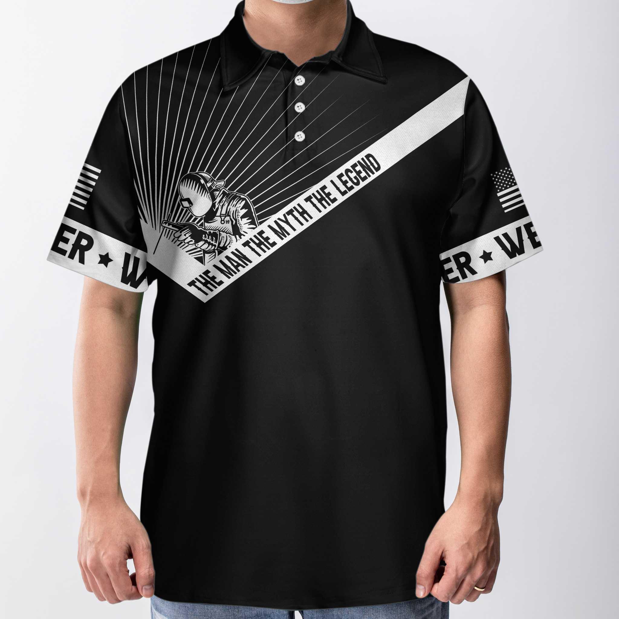 Welder Men Polo Shirt, The Man The Myth The Legend Polo Shirt, Black And White American Flag Welder Shirt - Perfect Gift For Men, Welders - Image 4