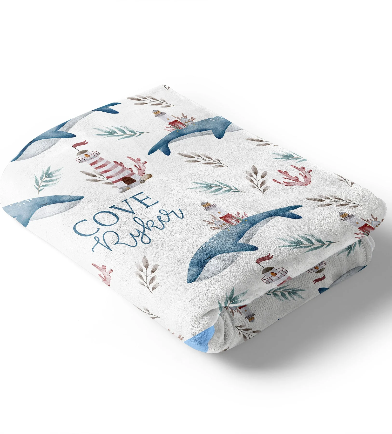 Whales & Lighthouse Baby Kids Blanket With Customized Name For Baby Nursery, Son, Daughter, Granddaughter, Grandson - Image 2