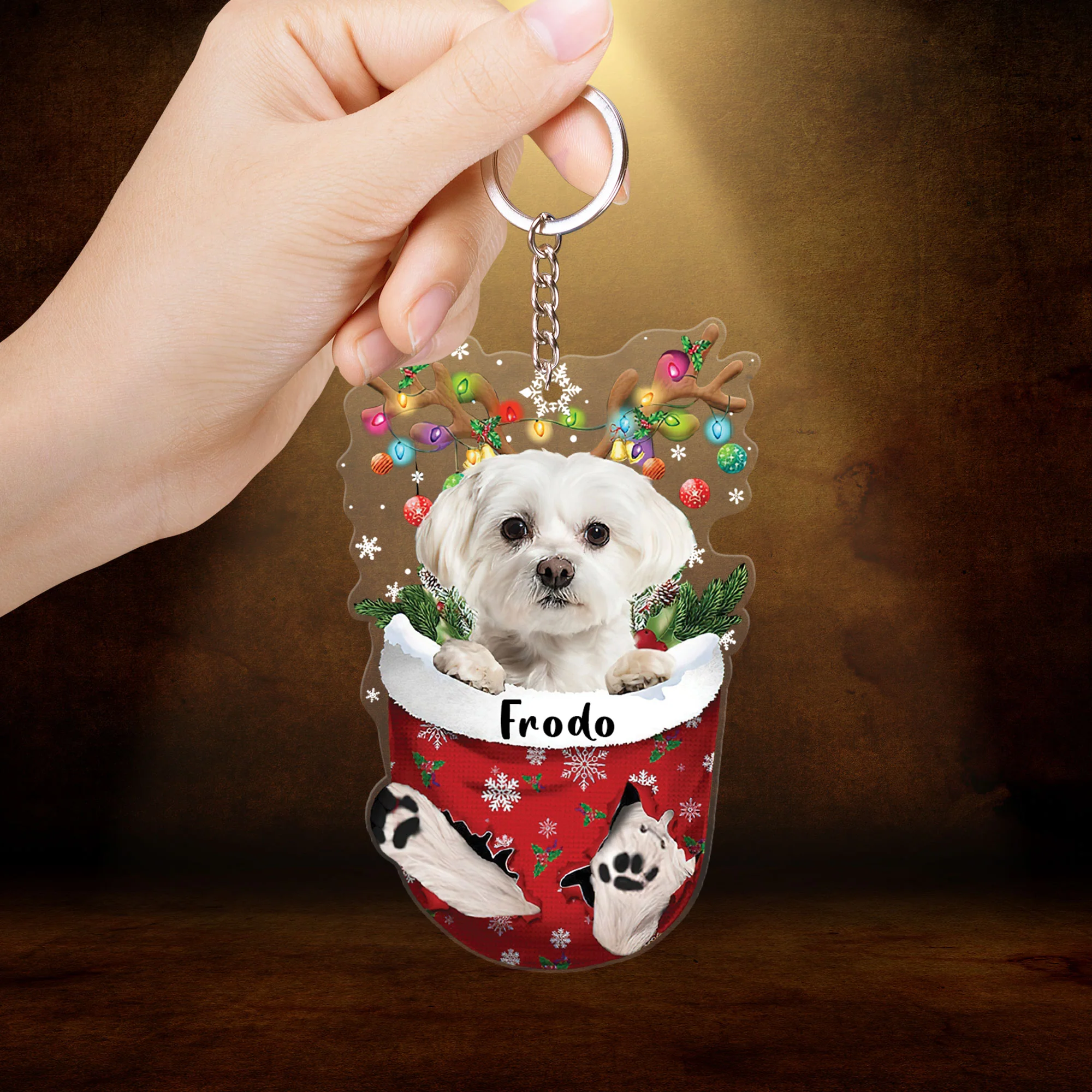 White Maltese In Snow Pocket Christmas Acrylic Keychain - Christmas Gift For White Maltese Lovers, Dog Lovers - Image 2