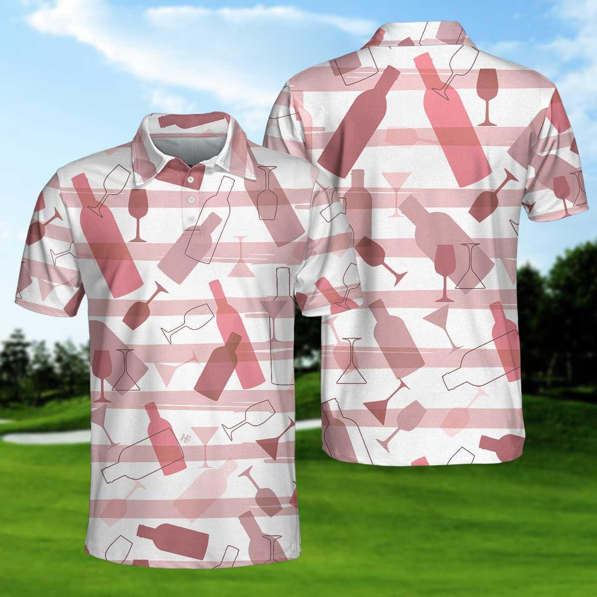 Wine Pattern Polo Shirt, Pink Horizontal Stripe Polo Shirt, Best Wine Drinking Shirt - Perfect Gift For Men