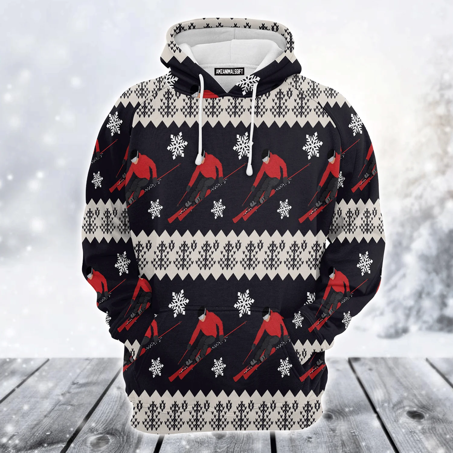 Winter Skiing Xmas Premium Christmas Hoodie, Winter Skiing Unisex Back White Hoodie For Men & Women - Perfect Gift For Christmas, Winter Skiing Lovers - Image 2
