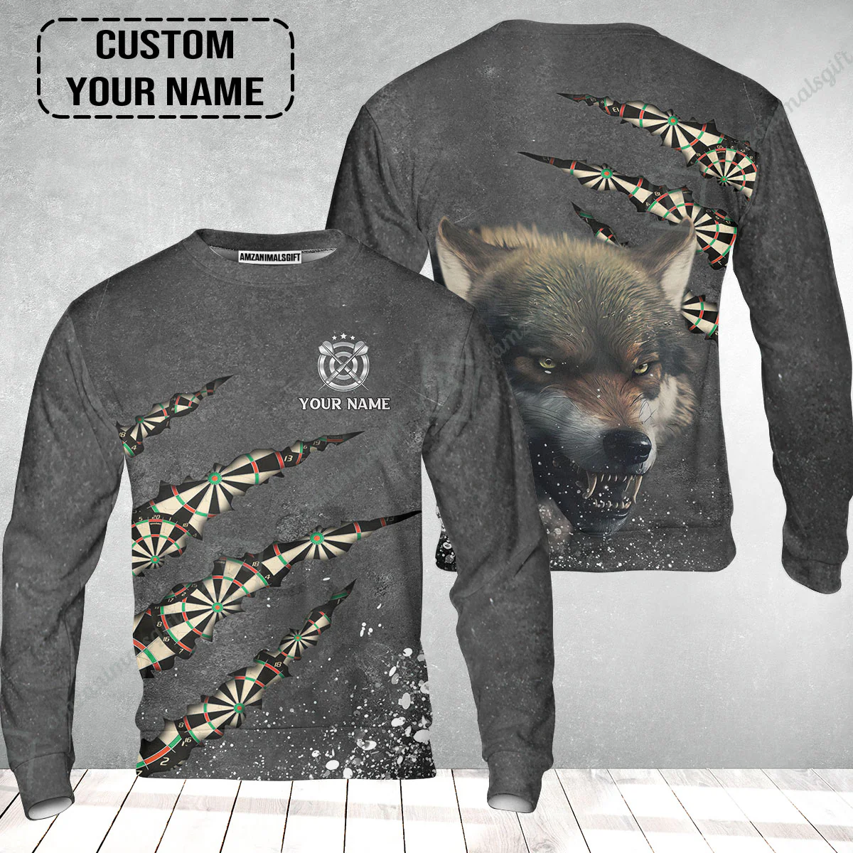 Wolf And Darts Custom Name Sweatshirt, Darts Paint Splash Personalized Sweatshirt - Image 2