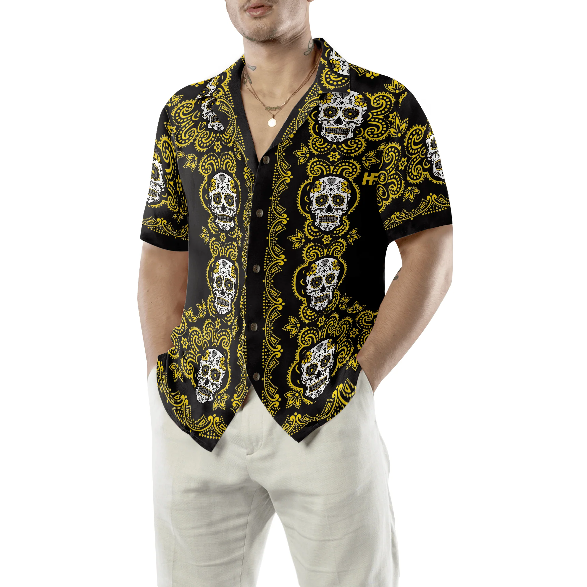 Yellow Sugar Skull Aloha Hawaiian Shirt For Summer, Colorful Shirt For Men Women, Perfect Gift For Friend, Team, Family - Image 6